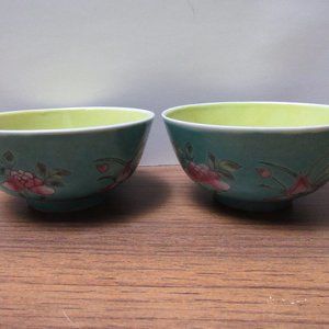 Pair (Two) Turquoise Floral Ceramic Bowls China